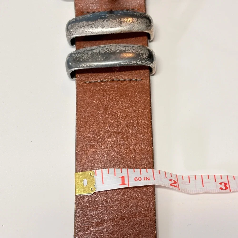 Vintage Womens Brown Leather Belt M Distressed Silver Buckle Boho Western USA